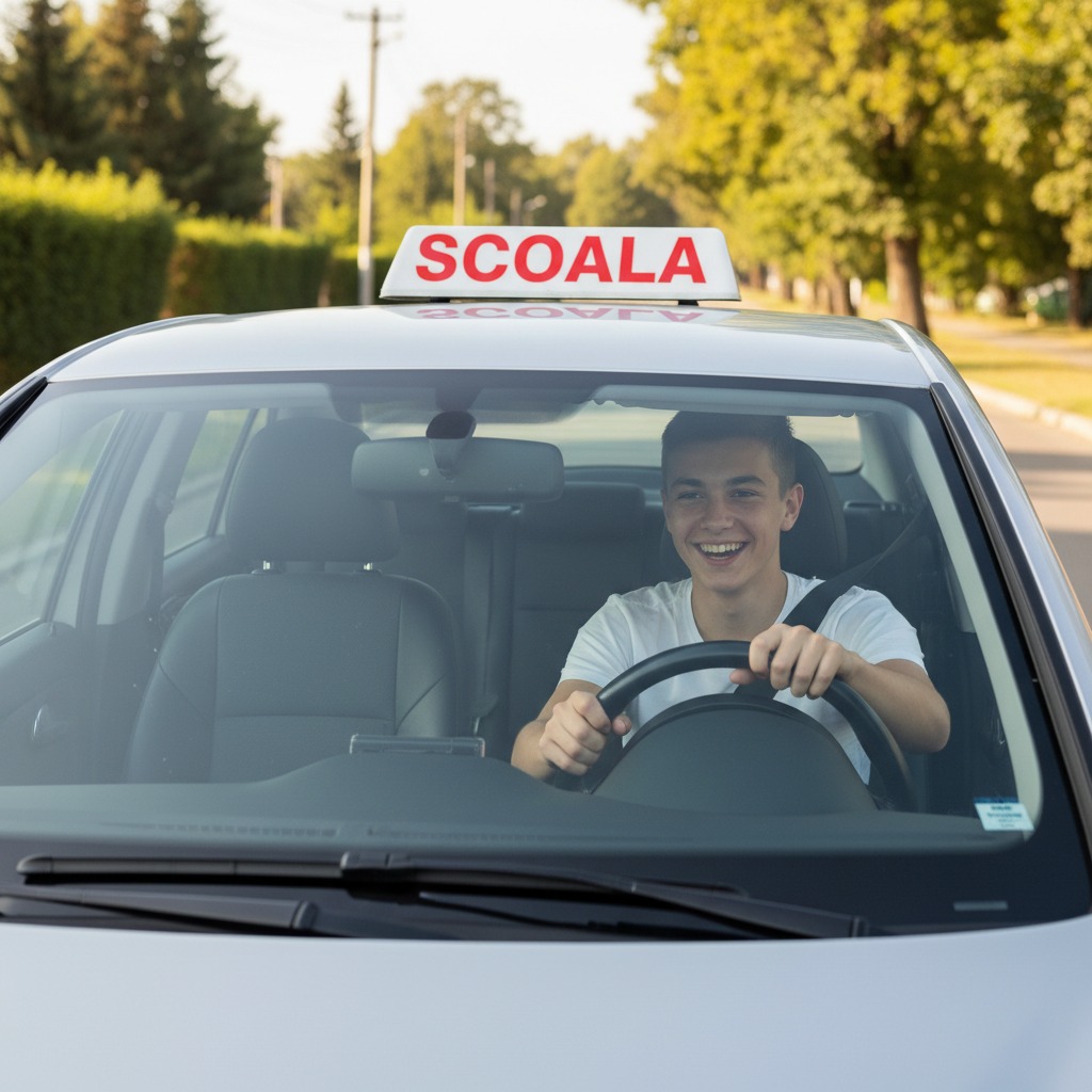 un elev la volan calm, fericit si incantat
masina sa fie un a-class w169
cu caseta SCOALA